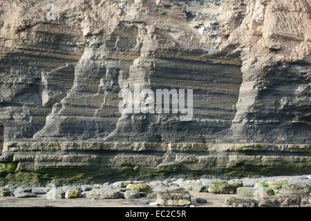 Roulement fossile roche sédimentaire formant des strates les falaises de Robin Hood's Bay, une baie côtière avec un littoral falaise jurassique, Banque D'Images