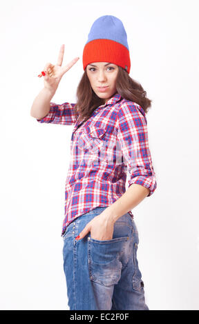 Hipster Cute boy Beanie Hat posing looking at camera Banque D'Images