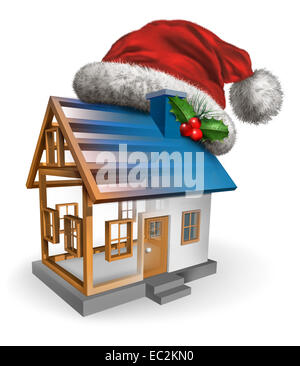 Maison de vacances d'hiver comme un symbole de la construction christmas santa claus hat avec Holly sur une maison qui est dans le processus de construction comme une célébration festive concept pour l'immobilier et de l'immobilier sur un fond blanc. Banque D'Images