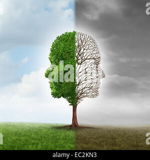 Les droits de l'émotion et trouble de l'humeur comme un arbre en forme de deux visages humains avec l'une des branches à moitié vide et l'autre côté plein de feuilles dans l'été comme une métaphore médicale pour les problèmes psychologiques liés à l'opposé des sentiments. Banque D'Images