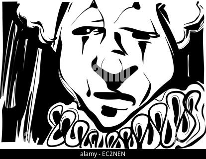 Dessin crayonné noir et blanc Illustration de clown triste Visage Banque D'Images