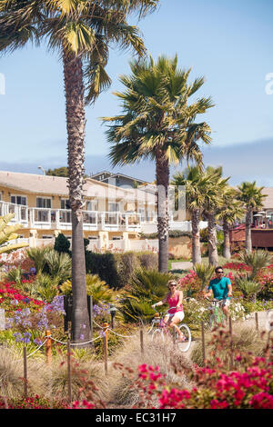 Young adult couple riding bicycles sur une belle journée claire, Pismo Beach, Central Coast, Californie, États-Unis d'Amérique Banque D'Images