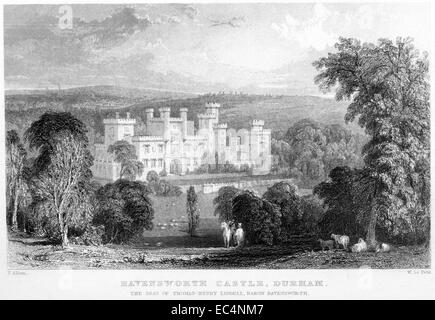 Une gravure intitulée "The Ravensworth Castle, Durham' numérisées à haute résolution à partir d'un livre publié en 1834. Banque D'Images
