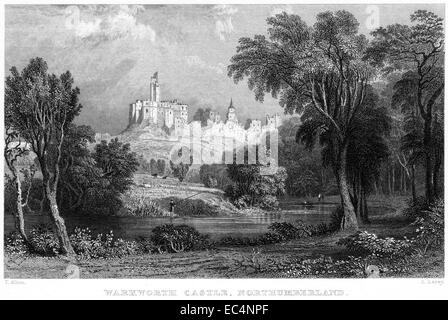 Une gravure intitulée "Château de Warkworth, Northumberland' numérisées à haute résolution à partir d'un livre publié en 1834. Banque D'Images