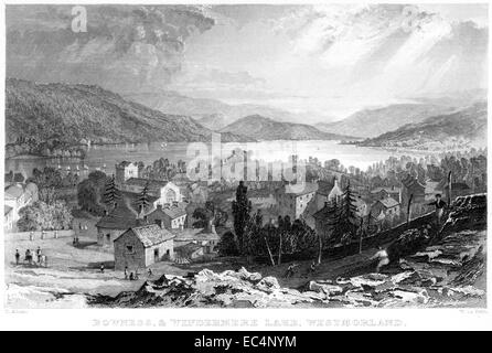 Une gravure intitulée "Le Lac Windermere et Bowness, Westmorland' numérisées à haute résolution à partir d'un livre publié en 1834. Banque D'Images