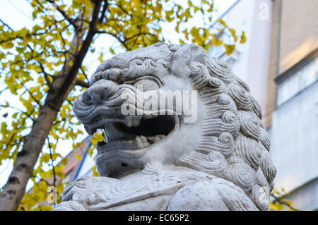 Gros plan d'un lion de pierre, lion chien ou foo chien sculpture à Chinatown, Londres Angleterre Royaume-Uni Banque D'Images