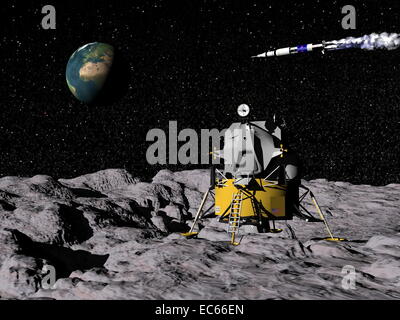 Apollo sur la surface de la lune, Saturne V à l'arrière-plan avec la terre - éléments de cette image fournie par la NASA Banque D'Images
