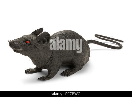 Jouet en plastique noir Rat isolé sur un fond blanc. Banque D'Images