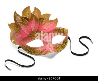 À PLUMES rose et or Masque de Venise isolé sur fond blanc. Banque D'Images