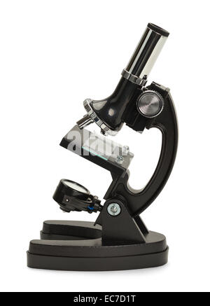 Nouveau Microscope Noir Vue de côté isolé sur fond blanc. Banque D'Images