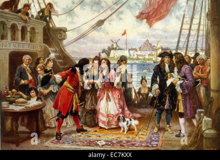 Captain Kidd dans le port de New York par Jean Leon Gerome Ferris. Le capitaine William Kidd accueil d'une jeune femme à bord de son navire ; d'autres hommes et femmes foule le pont comme une autre femme comme suit à bord. Banque D'Images