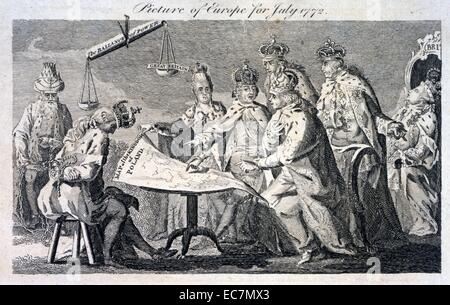 Photo de l'Europe pour juillet 1772. Caricature montre Catherine II, Léopold II, et Frederick William II assis à table sur laquelle repose un site de Pologne ; debout derrière eux et à la recherche sur leurs épaules sont Louis XV et Charles III, encore plus en arrière, endormi sur un trône, c'est George III ; sur la gauche, avec la tête inclinée, portant une couronne brisée, et avec les mains attachées derrière lui, se trouve le roi de Pologne, à sa gauche se trouve Selim III dans les chaînes. Banque D'Images