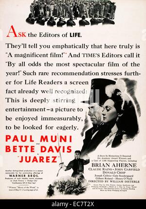 Publicité pour Juarez, un drame historique américain de 1939 réalisé par William Dieterle. Avec Paul Muni et Bette Davis il raconte l'histoire du Mexique président et le souverain fantoche installé du pays. Banque D'Images