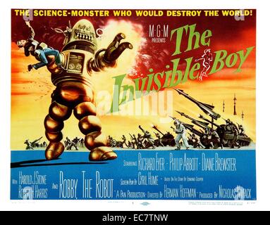 Le garçon invisible, 1957, est un film de science fiction, réalisé par Herman Hoffman, et avec Richard Eyer et Philip Abbott. C'est le deuxième aspect du film de Robby le Robot, le personnage de science-fiction qui "tole le show' dans Planète interdite (1956). Le titre a été précédemment du film S.O.S. vaisseau spatial. Banque D'Images