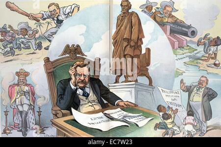 Qu'est-ce que Lincoln ?' Le Président Theodore Roosevelt assis à un bureau méditant les questions relatives à l'Amérique centrale et des Philippines, les papiers sur son bureau l'État : "La politique des Philippines, Traité du Canal de Panama, [et] la maîtrise de l'hémisphère". Il imagine une stature d'Abraham Lincoln, autour de laquelle sont vignettes montrant Roosevelt niant la "Pétition des Philippines pour la Liberté', en utilisant la force contre la Colombie au Canal de Panama, menaçant "sud du Nord" et "Amérique centrale" avec un grand club, et debout, les bras croisés sur sa poitrine, porter des robes impériales et une couronne. Banque D'Images
