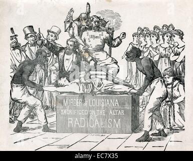 Meurtre de Louisiane sacrifié sur l'autel du radicalisme" Le président Ulysses S. Grant et le Congrès a fermé les yeux sur l'élection contestée de 1872 carpetbagger William P. Kellogg comme gouverneur de Louisiane. Dans cette scène, Kellogg soutient le coeur qu'il vient d'extraire du corps de la figure féminine de la Louisiane, qui est détenu dans un autel par deux personnes libérées. Installé derrière l'autel se trouve Grant, tenant une épée. Son procureur général, George H. Williams, le démon ailé perché derrière lui, dirige sa main. Banque D'Images