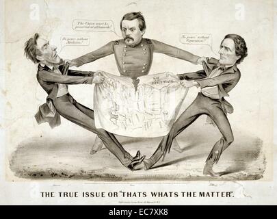 La vraie question ou 'c'est quoi de l'affaire'' dans un rare pro-démocrate cartoon aspirant présidentiel George Brinton McClellan est présenté comme l'intermédiaire entre Abraham Lincoln et le président de la Confédération Jefferson Davis. Le général McClellan est au centre d'agir comme intermédiaire dans une lutte à la corde sur une carte des États-Unis' par Lincoln (à gauche) et Davis. Banque D'Images