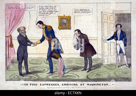 Foco Loco exprime, arrivant à Washington' un commentaire satirique sur les effets de l'éclatante victoire du parti Whig élections dans l'état de New York à l'automne de 1838. Le président Van Buren (à gauche) accueille deux de ses alliés vaincus : gouverneur sortant William L. Marcy (au centre, en uniforme) et représentant Churchill C. Cambreleng. Les deux hommes avaient l'appui de New York, démocrates radicaux ou 'Loco Focos.' Banque D'Images