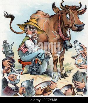 Un casse-tête' le président McKinley comme un producteur de lait traire une vache marqués 'Patronage', et beaucoup de mains tenant des conteneurs, la plupart marqués 'depuis l'Ohio', d'une part de lait. Mark Hanna était un sénateur de l'Ohio qui avait une influence considérable avec le président. Banque D'Images