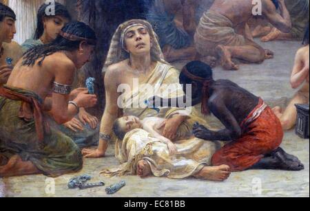 (En détail) de la fuite en Egypte 1883 par Edwin Long 1829-1891. Les enfants égyptiens offrent Shabti de chiffres une mère et enfant Banque D'Images