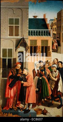 La peinture intitulée 'Les sept oeuvres de miséricorde" peint par le maître d'Alkmaar (actif 1490-1510). En date du 16e siècle Banque D'Images