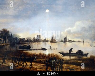 La peinture intitulée "Vue sur la rivière au clair de lune' peint par Aert van der Neer (1603-1677) peintre hollandais. En date du 17e siècle Banque D'Images