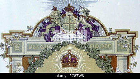 Le cimier royal d'un lion et licorne avec le texte 'Dieu et mon droit' devise de la monarchie britannique en Angleterre. Datée 1897 Banque D'Images