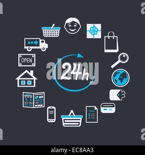 Site Internet magasin ouvert 24 heures pour les achats en ligne et le service client isolé concept vector illustration Illustration de Vecteur