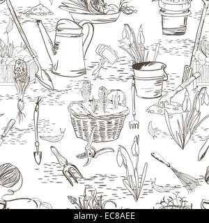 Hand drawn seamless croquis d'outils de jardinage de godet de pelle pruner hoe et pot vector illustration Illustration de Vecteur