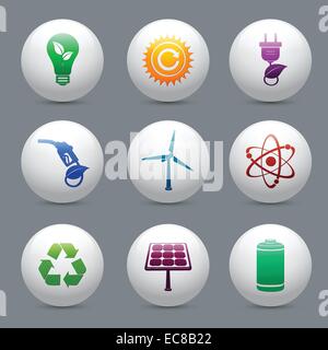 L'écologie et de l'énergie nucléaire avec l'ensemble des boutons du panneau solaire puissance atom et éléments décoratifs batterie vector illustration isolé Illustration de Vecteur