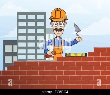Construction site mason travailleur en bâtiment casque mur de brique rouge avec une truelle vector illustration Illustration de Vecteur