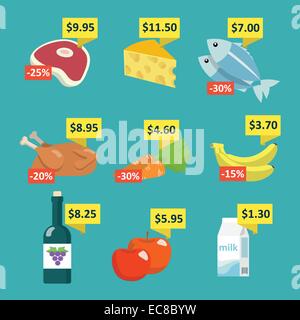 Supermarché nourriture et boissons Les icônes de sélection définie avec étiquettes de prix et les étiquettes d'escompte télévision vector illustration Illustration de Vecteur