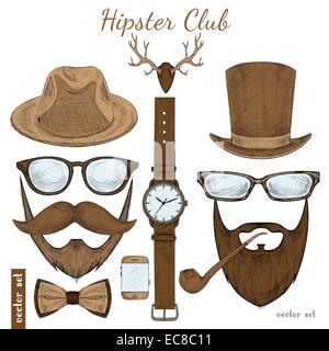 Hipster Vintage set accessoires club pour gentleman de lunettes hat pipe avant de la moustache et barbe mal vecteur croquis isolés Illustration de Vecteur