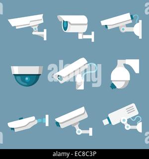 24 heures de sécurité caméra de surveillance CCTV ou icons set blanc sur fond couleur illustration vectorielles Illustration de Vecteur