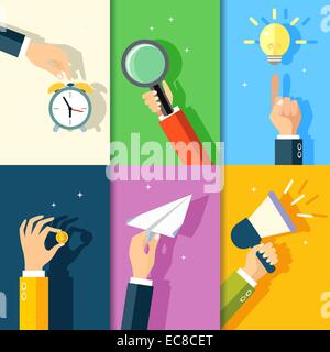 Les gestes des mains d'éléments de design touch réveil tenir point loupe sur idée lightbulb vector illustration Illustration de Vecteur