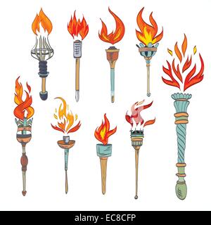 Feu flamme rougeoyante retro torche sketch icons set vector illustration isolé Illustration de Vecteur