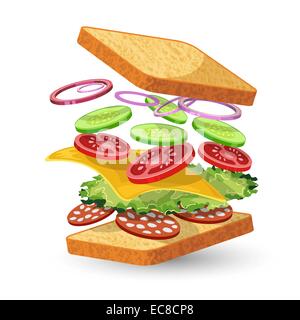 Sandwich au salami alimentaire ingrédients emblème avec l'oignon pain tomate Concombre Laitue fromage salami isolated vector illustration Illustration de Vecteur