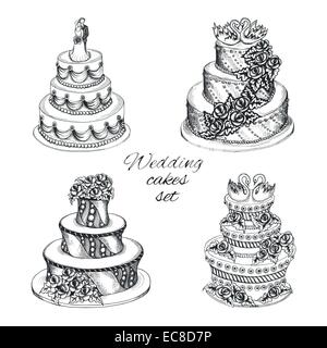 Jeu de gâteaux pour la célébration de mariages sucré avec décoration fleur guirlande cygnes et isolé couple vector illustration Illustration de Vecteur