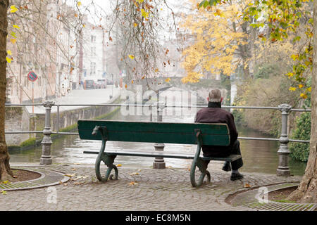 Vue arrière d'un vieil homme assis sur un banc en regardant un canal en automne, Bruges, Belgique. Concept de "l'automne de la vie' Banque D'Images