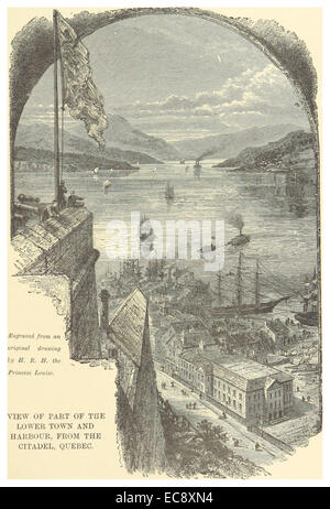 Cette illustration de dent de 1881 présente une vue de la basse-ville et du port de Québec, mettant en valeur le front de mer historique et l'architecture coloniale de la ville dans un contexte historique. Banque D'Images