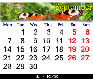 Beau calendrier pour septembre de l'année 2015 avec l'image de l'œil de paon papillon
