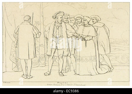 Une illustration de l'édition 1828-33 de Howard de « Henry VIII, or All is True » de Shakespeare, page 357, montrant une scène de la pièce. Banque D'Images