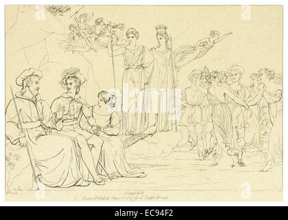 Illustration tirée de la publication de Howard en 1828-33 de « The Tempest » de Shakespeare, volume 1, page 67, représentant des scènes ou des personnages de la pièce. Banque D'Images