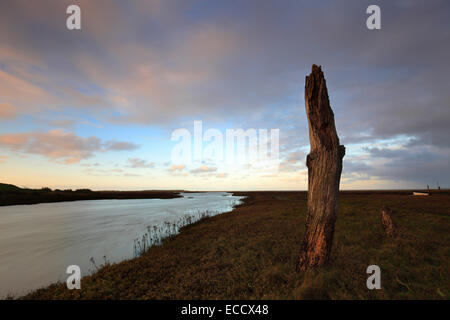 Un vieux post en bois à Thornham sur la côte de Norfolk avec la marée déménagement dans le ruisseau adjacent. Banque D'Images