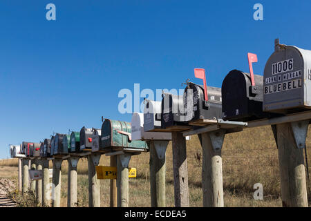 La ligne de boîtes aux lettres (boîtes aux lettres) on Rural Road, South Dakota, USA Banque D'Images