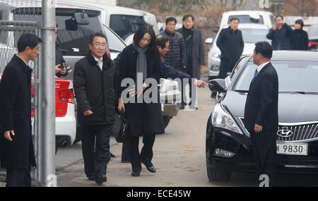 Séoul, Corée du Sud. Dec 12, 2014. Cho Hyun-ah, le 12 décembre 2014 - La fille aînée de Korean Airlines (KAL) Président Cho Yang-ho et ancien vice-président de KAL, Cho Hyun-ah (C) apparaît en fer et l'Aviation une commission d'enquête sur les accidents des transports Ministère à Séoul, Corée du Sud. La Commission d'enquête sur les accidents cités Cho le vendredi à la question de la commande d'un membre d'équipage de quitter un avion sur une violation alléguée de snack-protocole servant à l'aéroport John F. Kennedy à New York le 5 décembre 2014, les médias locaux ont rapporté. (Photo de Lee Jae-Won/AFLO) (CORÉE DU SUD) © Aflo Co.,Ltd Banque D'Images