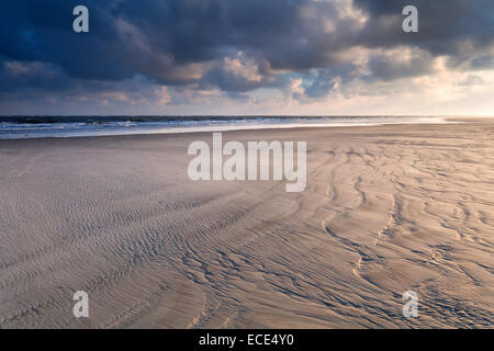 Lever du soleil sur la plage de sable de la mer du Nord, en Hollande Banque D'Images