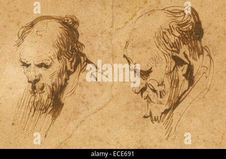 Deux études de la tête d'un vieil homme ; Beyeren. van Rijn, Néerlandais, 1606 - 1669 ; 1626 ; plume et encre brune, démoli le centre et rejoint ; 9 x 14,9 cm (3 9/16 x 5 7/8 in.) Banque D'Images