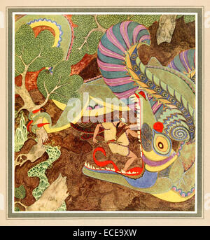 Cadmus dégainant son épée précipite à la monstrueuse dragon - Edmund Dulac illustration de 'Tanglewood Tales'. Voir la description pour plus d'informations. Banque D'Images