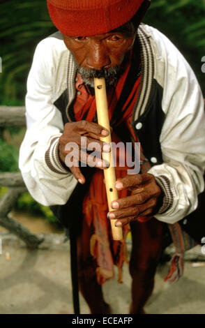 Tribu Ifugao homme jouant de la flûte. Rizières en terrasses. Point de vue. Banaue. Le nord de Luzon. Aux Philippines. Banaue (ou spe Banque D'Images